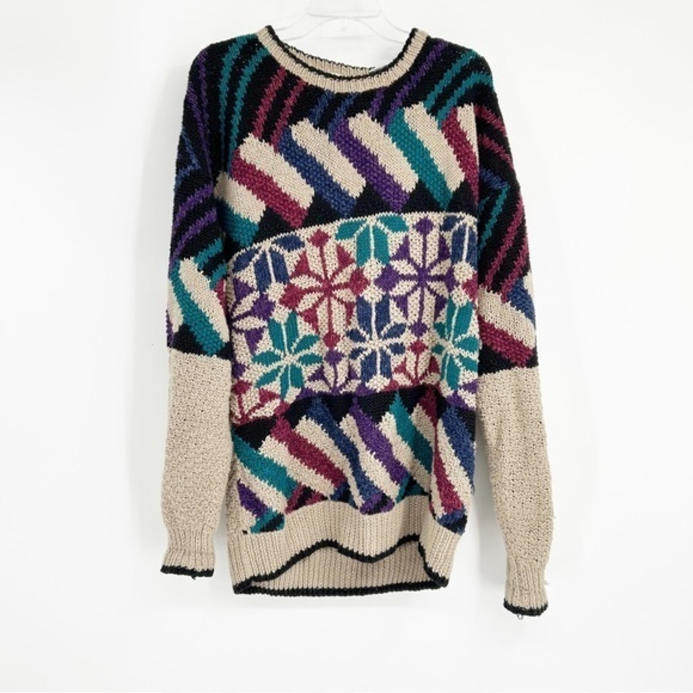 Vintage Northern Isles Hand Knitted Multicolor Geometric Print Sweater Sz‎ Large